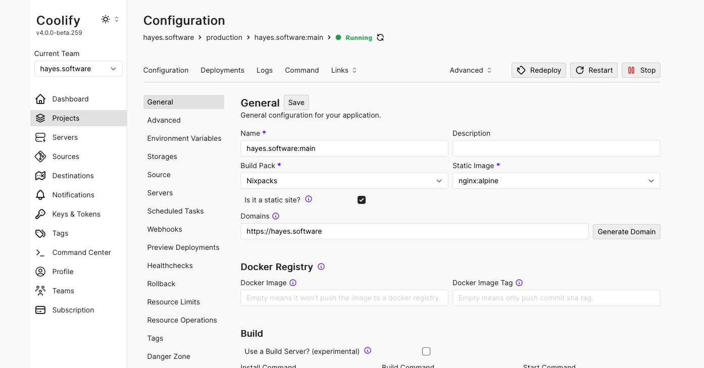 Screenshot of the coolify.io dashboard