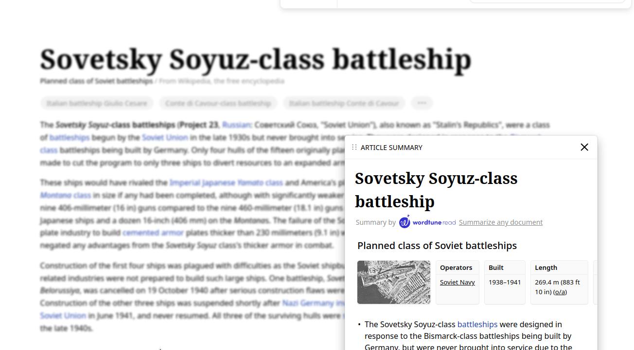 WordTune summary in Wikipedia