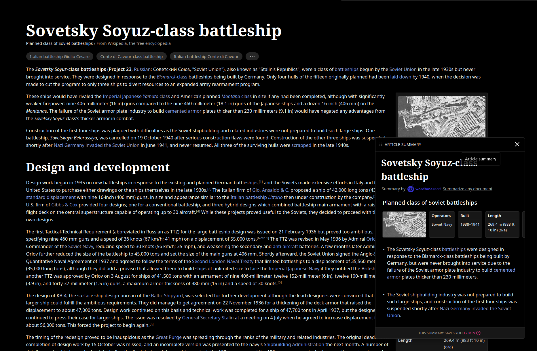 WordTune summary in Wikipedia
